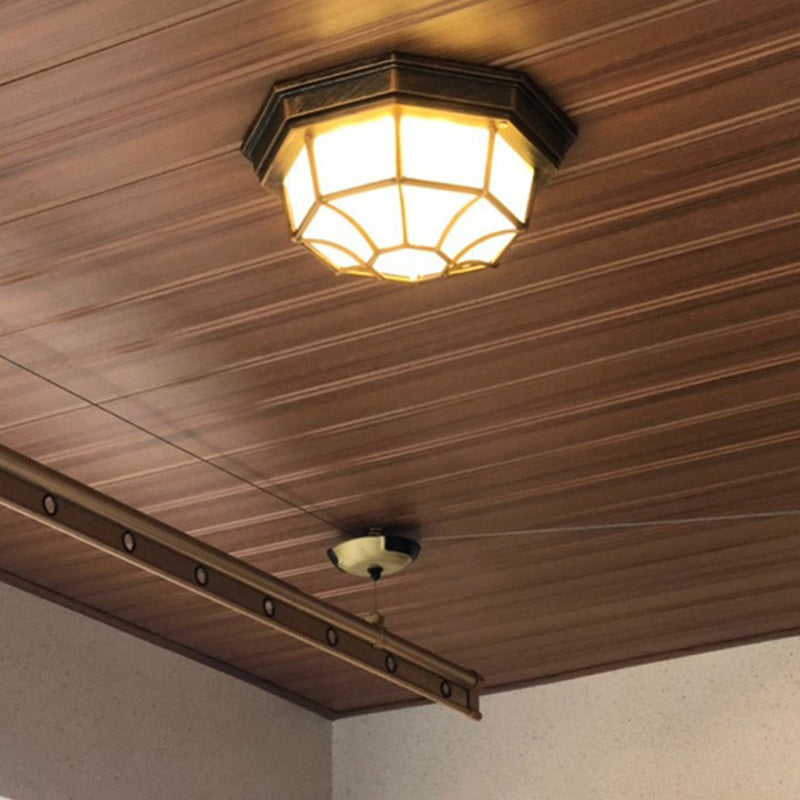 Contemporary Retro Aluminum Alloy & Glass Frosted Octagonal LED Waterproof Flush Mount Ceiling Light for Outdoor Entryway & Balcony