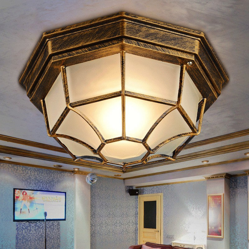 Contemporary Retro Aluminum Alloy & Glass Frosted Octagonal LED Waterproof Flush Mount Ceiling Light for Outdoor Entryway & Balcony
