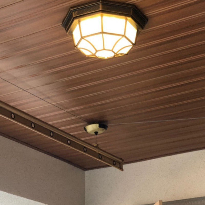 Contemporary Retro Aluminum Alloy & Glass Frosted Octagonal LED Waterproof Flush Mount Ceiling Light for Outdoor Entryway & Balcony