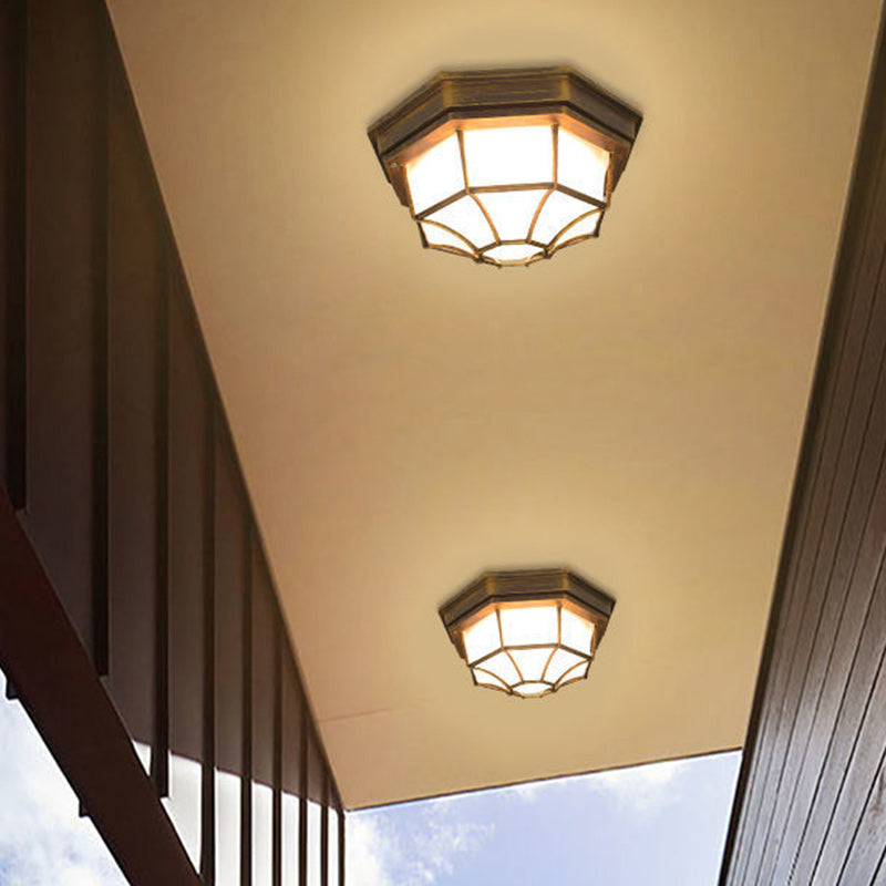 Contemporary Retro Aluminum Alloy & Glass Frosted Octagonal LED Waterproof Flush Mount Ceiling Light for Outdoor Entryway & Balcony