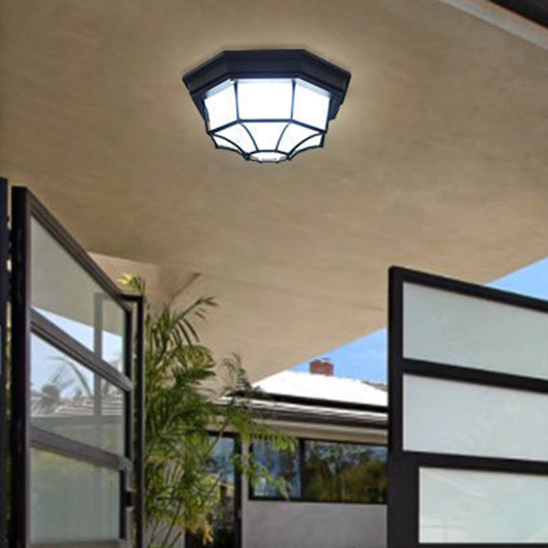 Contemporary Retro Aluminum Alloy & Glass Frosted Octagonal LED Waterproof Flush Mount Ceiling Light for Outdoor Entryway & Balcony