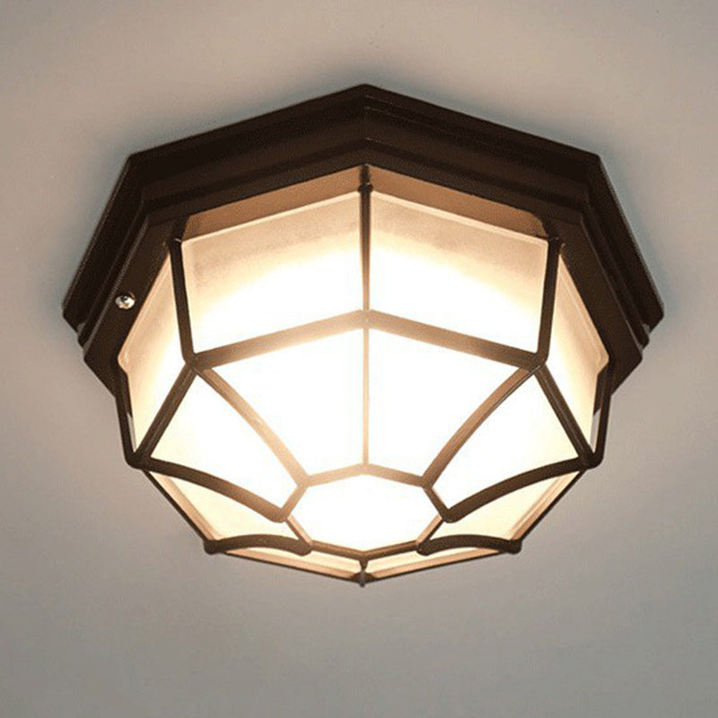 Contemporary Retro Aluminum Alloy & Glass Frosted Octagonal LED Waterproof Flush Mount Ceiling Light for Outdoor Entryway & Balcony