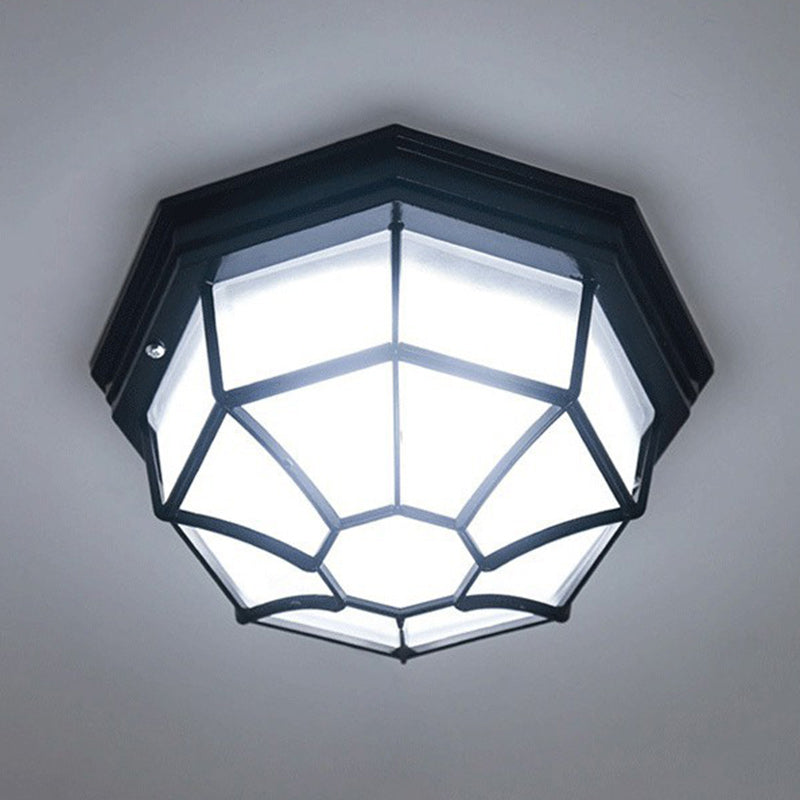 Contemporary Retro Aluminum Alloy & Glass Frosted Octagonal LED Waterproof Flush Mount Ceiling Light for Outdoor Entryway & Balcony