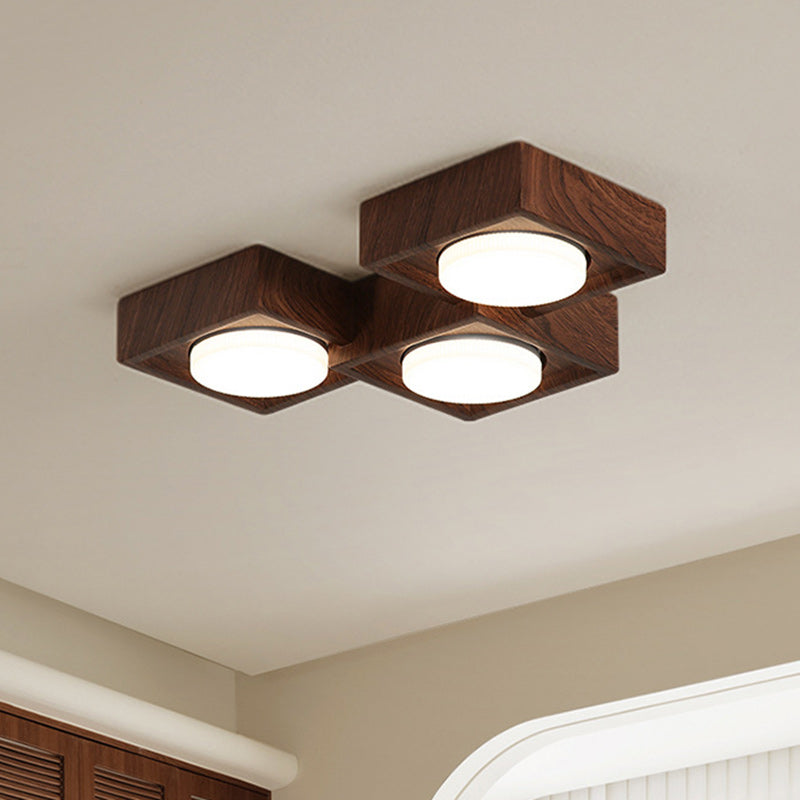 Traditional Vintage Iron & Resin Square Block-Style 2/3-Light Flush Mount Downlight Ceiling Light For Living Room & Bedroom