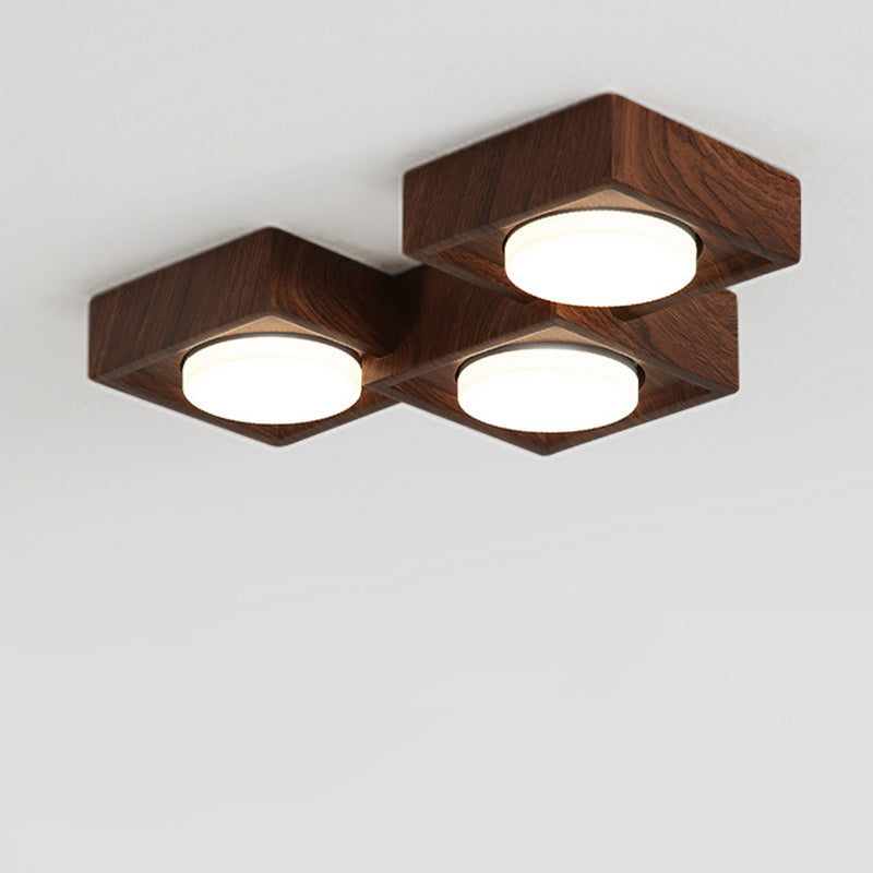 Traditional Vintage Iron & Resin Square Block-Style 2/3-Light Flush Mount Downlight Ceiling Light For Living Room & Bedroom