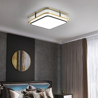 Traditional Chinese Full Brass & Glass Round Square Rectangular Striped Glass LED Flush Mount Ceiling Light For Bedroom & Living Room