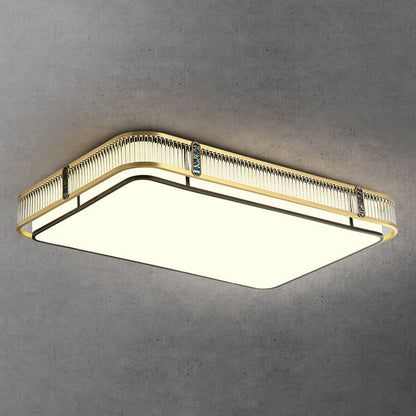Traditional Chinese Full Brass & Glass Round Square Rectangular Striped Glass LED Flush Mount Ceiling Light For Bedroom & Living Room
