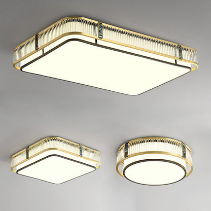 Traditional Chinese Full Brass & Glass Round Square Rectangular Striped Glass LED Flush Mount Ceiling Light For Bedroom & Living Room