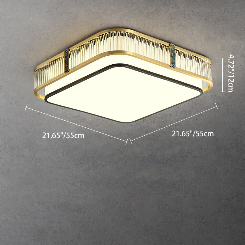 Traditional Chinese Full Brass & Glass Round Square Rectangular Striped Glass LED Flush Mount Ceiling Light For Bedroom & Living Room