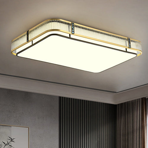 Traditional Chinese Full Brass & Glass Round Square Rectangular Striped Glass LED Flush Mount Ceiling Light For Bedroom & Living Room
