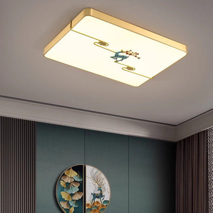 Traditional Chinese Brass Enamel & Acrylic Round Square Rectangular Deer Auspicious Cloud LED Flush Mount Ceiling Light For Bedroom & Living Room