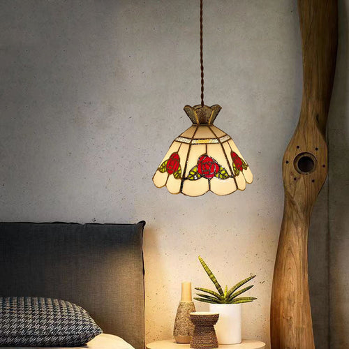Traditional Vintage Brass & Glass Handcrafted Rose Leaf 1-Light Pendant Light For Dining Room & Bedside