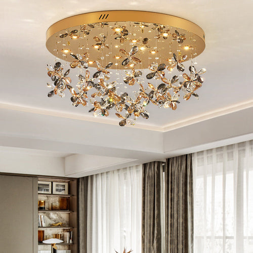 Modern Luxury Stainless Steel & Crystal Butterfly Round LED Flush Mount Ceiling Light for Living Room & Bedroom