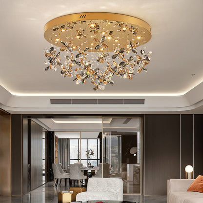 Modern Luxury Stainless Steel & Crystal Butterfly Round LED Flush Mount Ceiling Light for Living Room & Bedroom