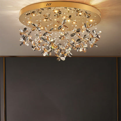 Modern Luxury Stainless Steel & Crystal Butterfly Round LED Flush Mount Ceiling Light for Living Room & Bedroom
