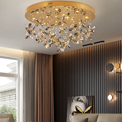 Modern Luxury Stainless Steel & Crystal Butterfly Round LED Flush Mount Ceiling Light for Living Room & Bedroom