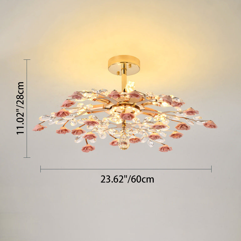 Traditional French Ceramic Crystal Iron Rose & Branch 6/7/8 Light LED Semi-flush Mount Ceiling Light for Living Room & Bedroom