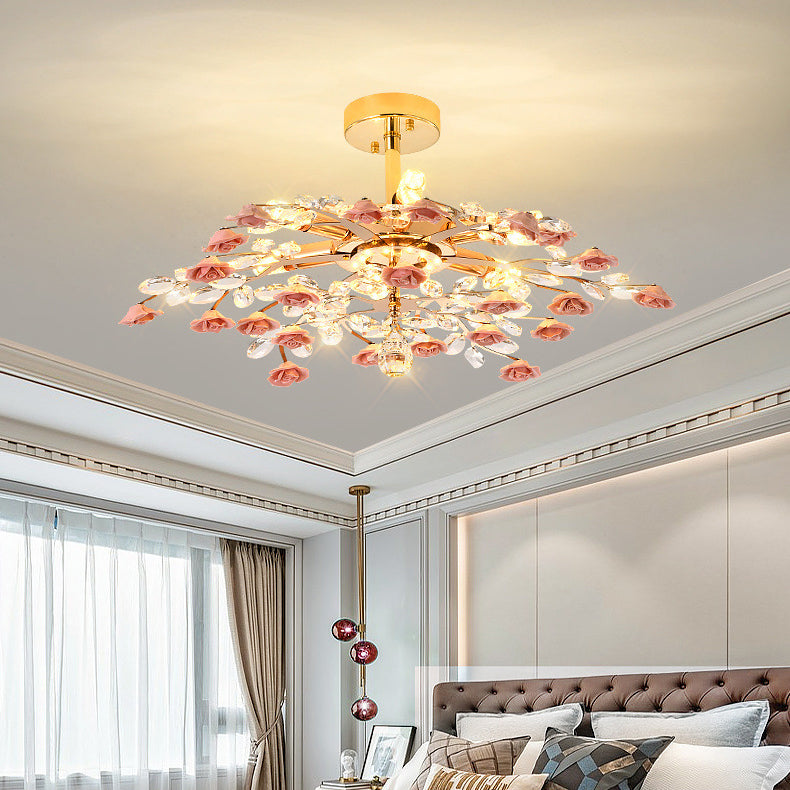 Traditional French Ceramic Crystal Iron Rose & Branch 6/7/8 Light LED Semi-flush Mount Ceiling Light for Living Room & Bedroom