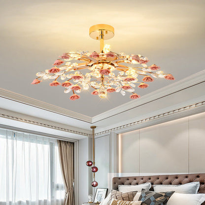 Traditional French Ceramic Crystal Iron Rose & Branch 6/7/8 Light LED Semi-flush Mount Ceiling Light for Living Room & Bedroom