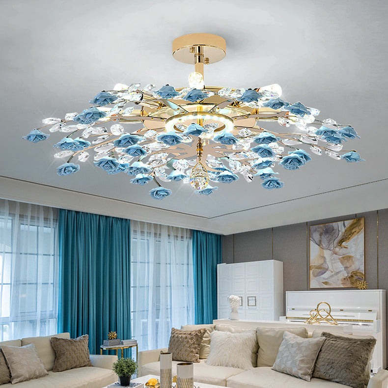 Traditional French Ceramic Crystal Iron Rose & Branch 6/7/8 Light LED Semi-flush Mount Ceiling Light for Living Room & Bedroom