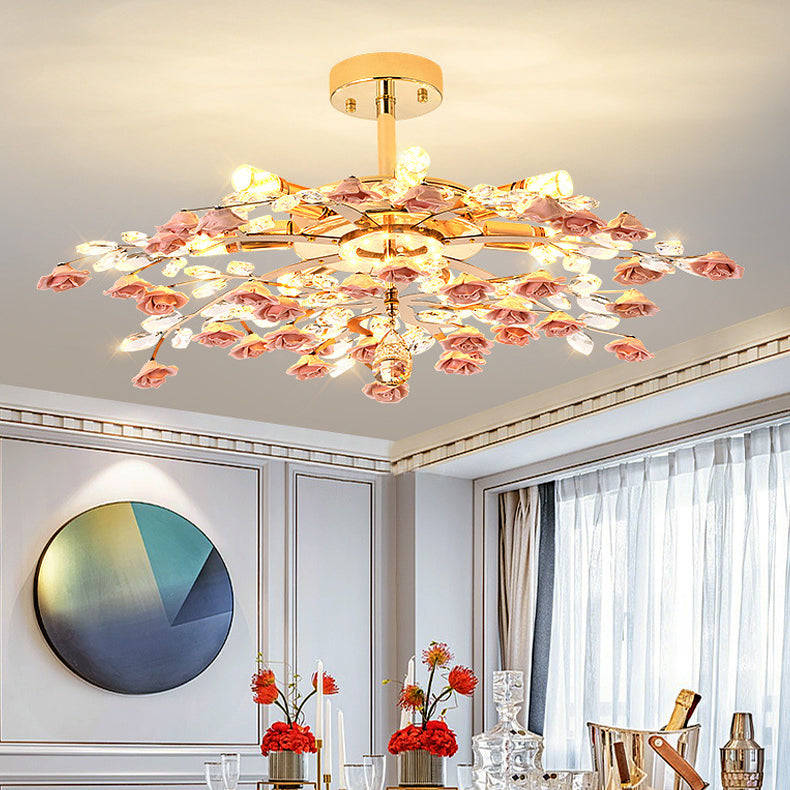 Traditional French Ceramic Crystal Iron Rose & Branch 6/7/8 Light LED Semi-flush Mount Ceiling Light for Living Room & Bedroom