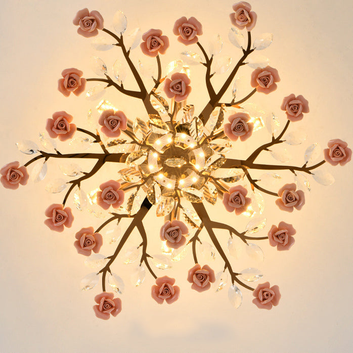 Traditional French Ceramic Crystal Iron Rose & Branch 6/7/8 Light LED Semi-flush Mount Ceiling Light for Living Room & Bedroom