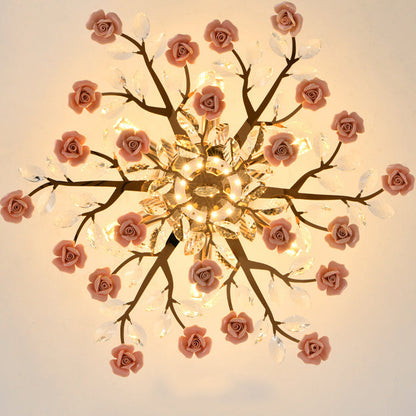 Traditional French Ceramic Crystal Iron Rose & Branch 6/7/8 Light LED Semi-flush Mount Ceiling Light for Living Room & Bedroom