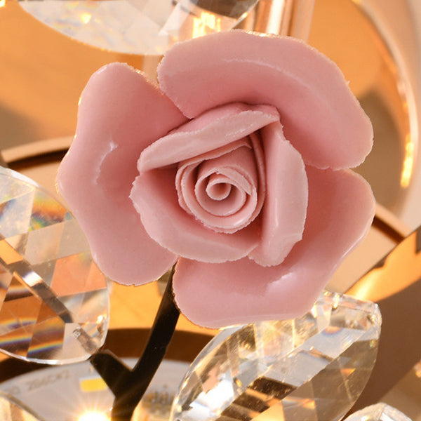 Traditional French Ceramic Crystal Iron Rose & Branch 6/7/8 Light LED Semi-flush Mount Ceiling Light for Living Room & Bedroom