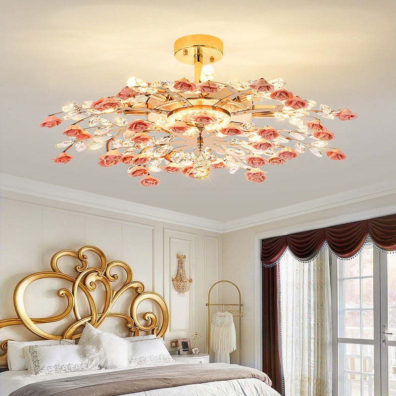 Traditional French Ceramic Crystal Iron Rose & Branch 6/7/8 Light LED Semi-flush Mount Ceiling Light for Living Room & Bedroom
