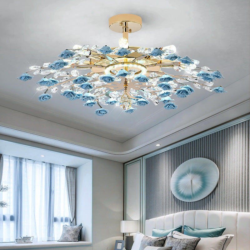 Traditional French Ceramic Crystal Iron Rose & Branch 6/7/8 Light LED Semi-flush Mount Ceiling Light for Living Room & Bedroom