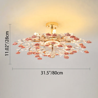 Traditional French Ceramic Crystal Iron Rose & Branch 6/7/8 Light LED Semi-flush Mount Ceiling Light for Living Room & Bedroom