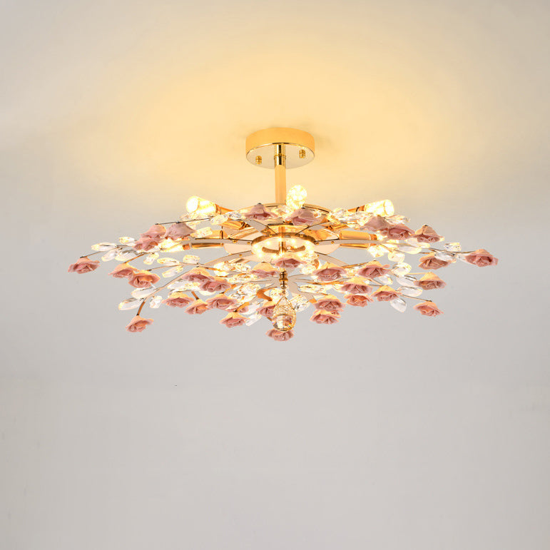 Traditional French Ceramic Crystal Iron Rose & Branch 6/7/8 Light LED Semi-flush Mount Ceiling Light for Living Room & Bedroom