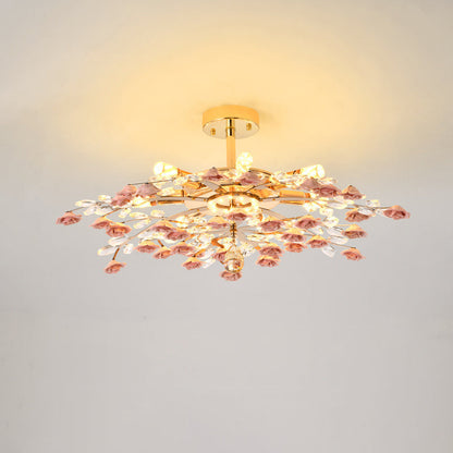 Traditional French Ceramic Crystal Iron Rose & Branch 6/7/8 Light LED Semi-flush Mount Ceiling Light for Living Room & Bedroom