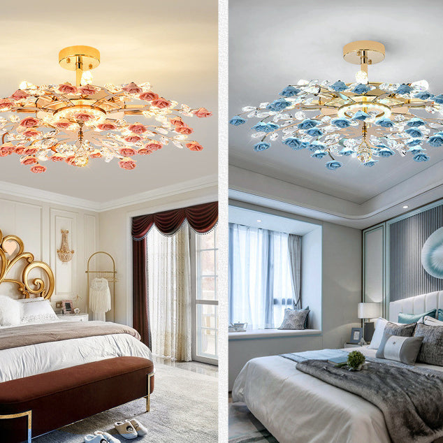 Traditional French Ceramic Crystal Iron Rose & Branch 6/7/8 Light LED Semi-flush Mount Ceiling Light for Living Room & Bedroom