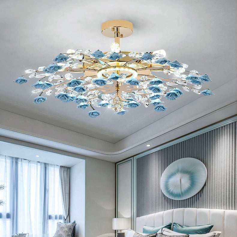 Traditional French Ceramic Crystal Iron Rose & Branch 6/7/8 Light LED Semi-flush Mount Ceiling Light for Living Room & Bedroom