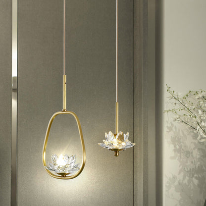 Contemporary Luxury Crystal & Brass Lotus LED Pendant Light For Bedside
