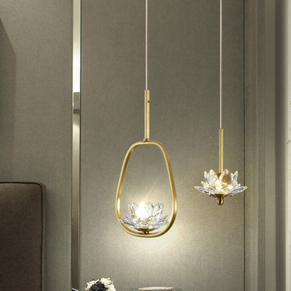 Contemporary Luxury Crystal & Brass Lotus LED Pendant Light For Bedside
