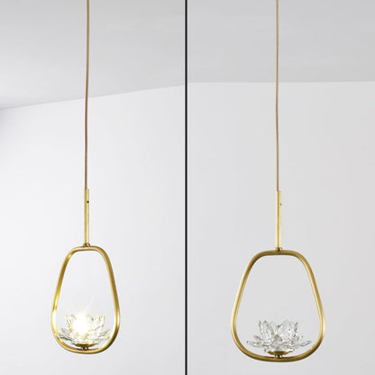 Traditional Chinese Brass & Crystal Lotus Oval 1-Light Pendant Light For Bedroom & Dining Room