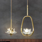 Traditional Chinese Brass & Crystal Lotus Oval 1-Light Pendant Light For Bedroom & Dining Room