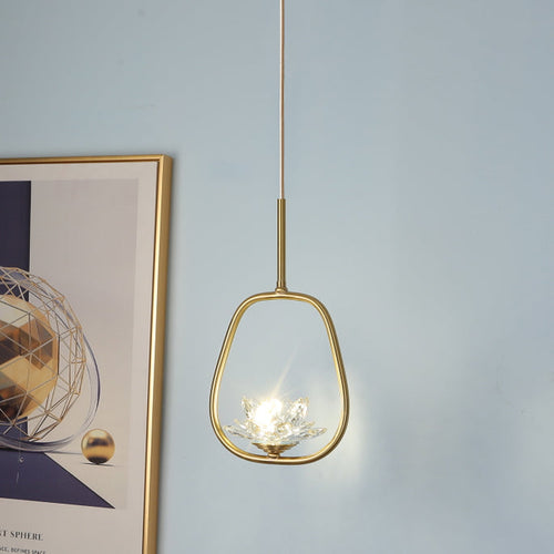 Traditional Chinese Brass & Crystal Lotus Oval 1-Light Pendant Light For Bedroom & Dining Room