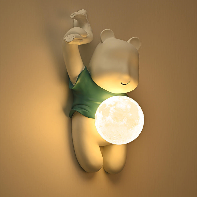 Lumendat Contemporary Creative Kids Resin & PLA Cartoon Bear With Moon 1-Light Wall Sconce Lamp For Bedroom & Living Room Lumendat