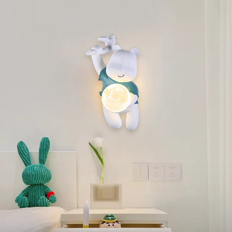 Lumendat Contemporary Creative Kids Resin & PLA Cartoon Bear With Moon 1-Light Wall Sconce Lamp For Bedroom & Living Room Lumendat
