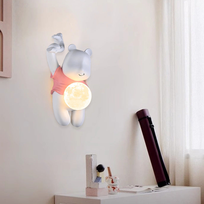 Lumendat Contemporary Creative Kids Resin & PLA Cartoon Bear With Moon 1-Light Wall Sconce Lamp For Bedroom & Living Room Lumendat