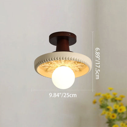 Traditional French Resin & Wood Bowl-shaped Round Carved 1-light Semi-flush Mount Ceiling Light for Hallway and Entryway