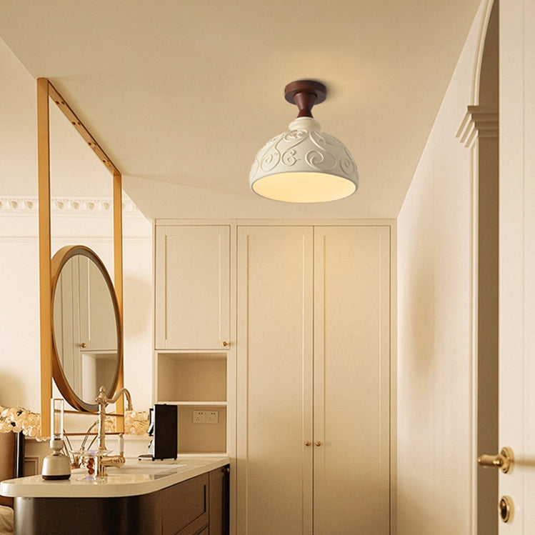 Traditional French Resin & Wood Bowl-shaped Round Carved 1-light Semi-flush Mount Ceiling Light for Hallway and Entryway