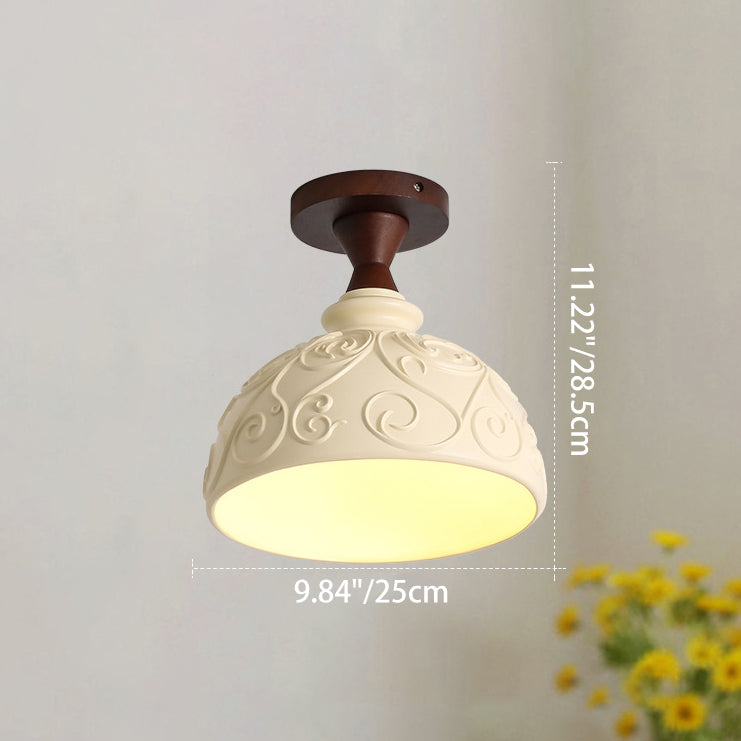 Traditional French Resin & Wood Bowl-shaped Round Carved 1-light Semi-flush Mount Ceiling Light for Hallway and Entryway