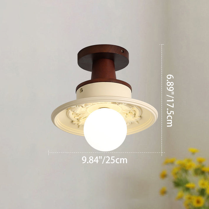Traditional French Resin & Wood Bowl-shaped Round Carved 1-light Semi-flush Mount Ceiling Light for Hallway and Entryway