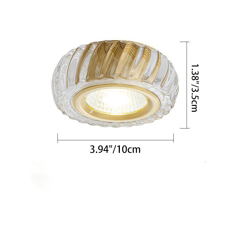 Modern Mid-century Brass & Crystal Glass Ribbed Round LED Flush Mount Ceiling Light Spotlight for Hallway and Entryway
