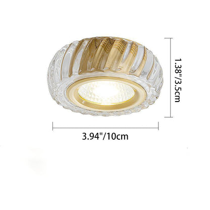 Modern Mid-century Brass & Crystal Glass Ribbed Round LED Flush Mount Ceiling Light Spotlight for Hallway and Entryway