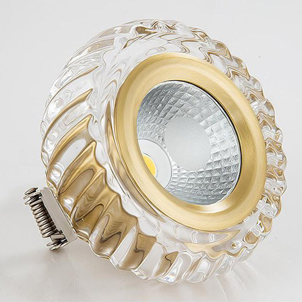 Modern Mid-century Brass & Crystal Glass Ribbed Round LED Flush Mount Ceiling Light Spotlight for Hallway and Entryway